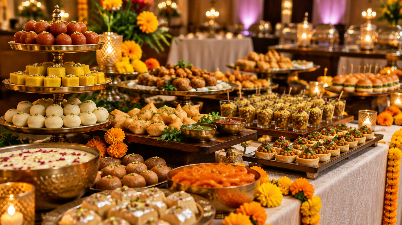 Catering buffet spread of Indian sweets and snacks